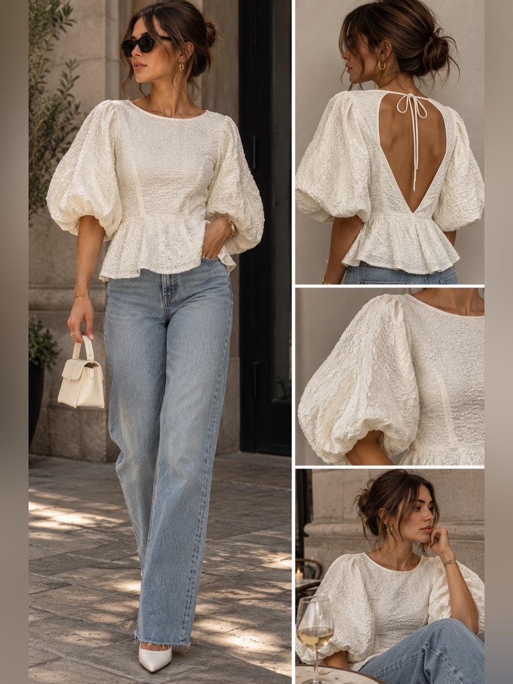 Jacquard Textured Puff-Sleeve Peplum Top